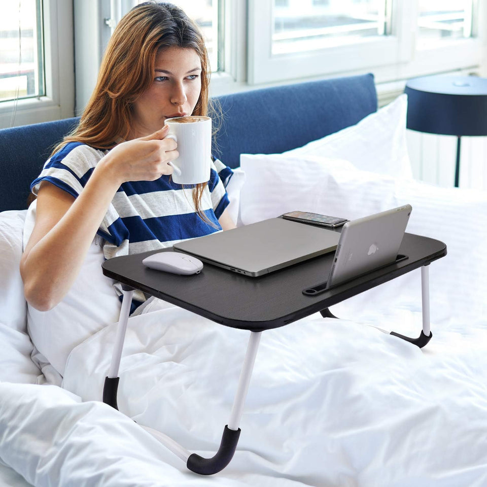 Laptop Table | Black Color | Foldable Legs, Tablet Groove & Cup Slot | Perfect for Working, Reading, Writing, and Eating